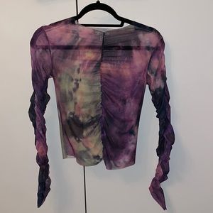 multi colored long sleeve mesh top with ruching by topshop.